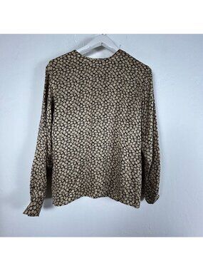 Anne Klein Womens 100% Silk Floral Print Long Sleeve Blouse Medium Black & Gold